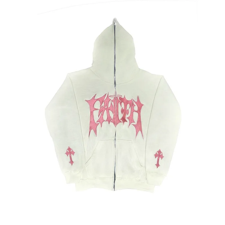 Vintage Faith Embroidered Full Zip-Up Hoodie