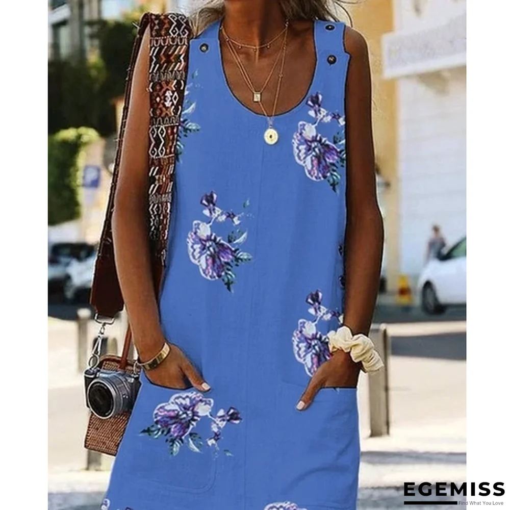 Large Size Women's Dress Floral Print Round Neck Sleeveless Double Pocket Dresses White Dresses | EGEMISS