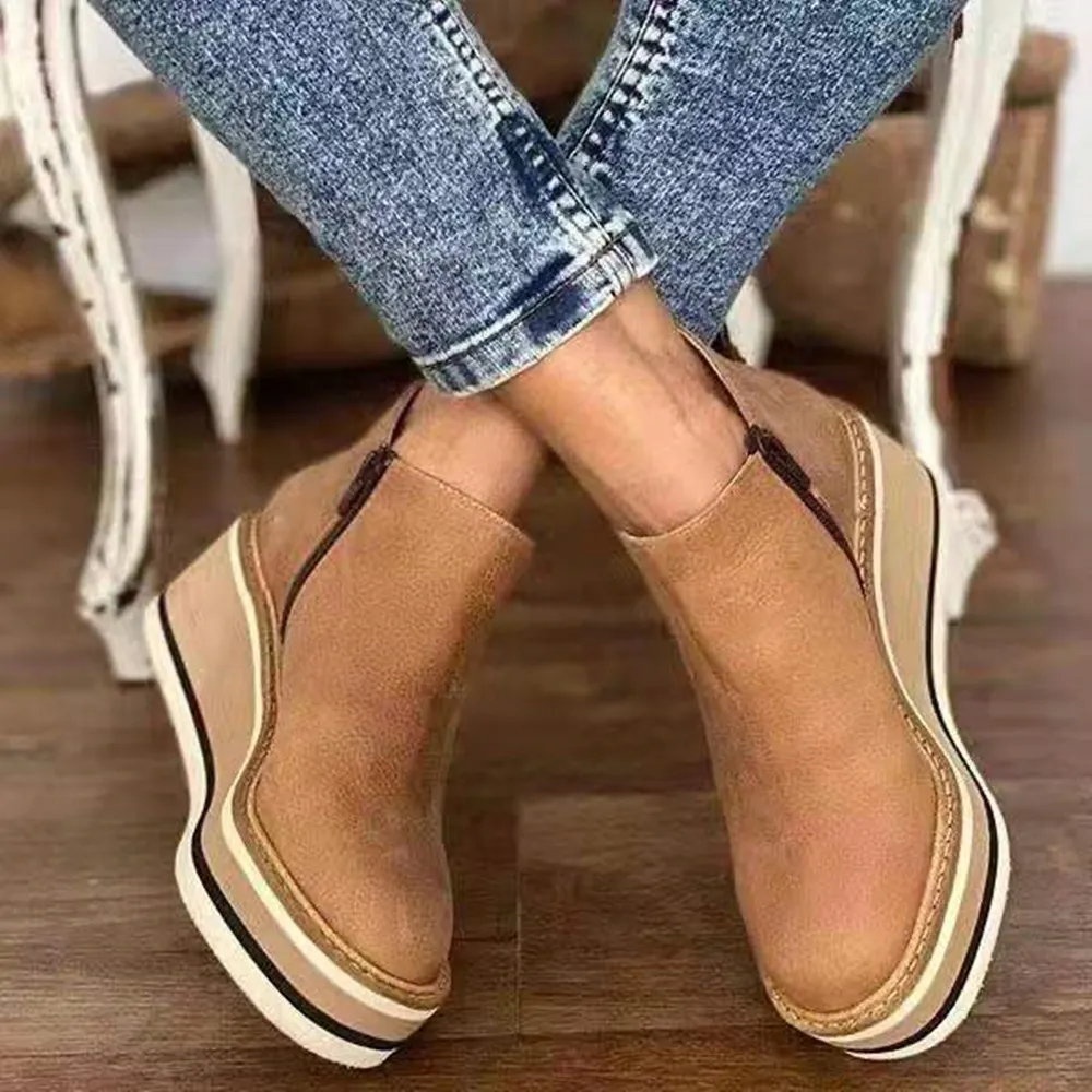 Breakj Breakj And Winter New Short Boots Large Size Women's Shoes Round Head Thick Bottom Slope Side Zipper Leisure Boots