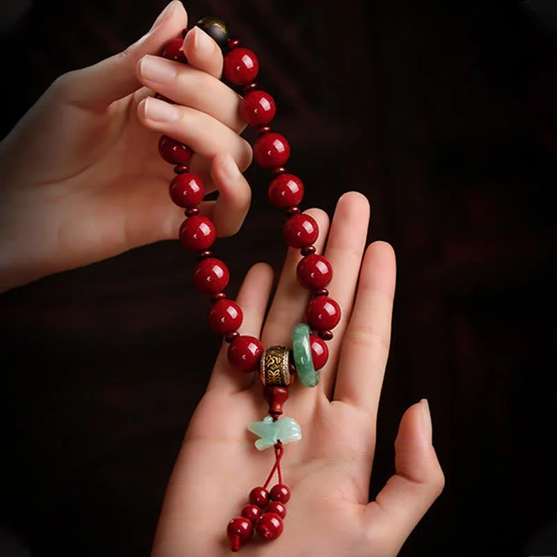 925 Sterling Silver Chinese Zodiac Cinnabar Om Mani Padme Hum Jade Blessing Wrist Mala