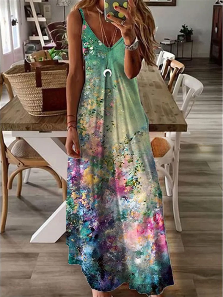 Abstract Floral Oil Painting Maxi Cami Dress