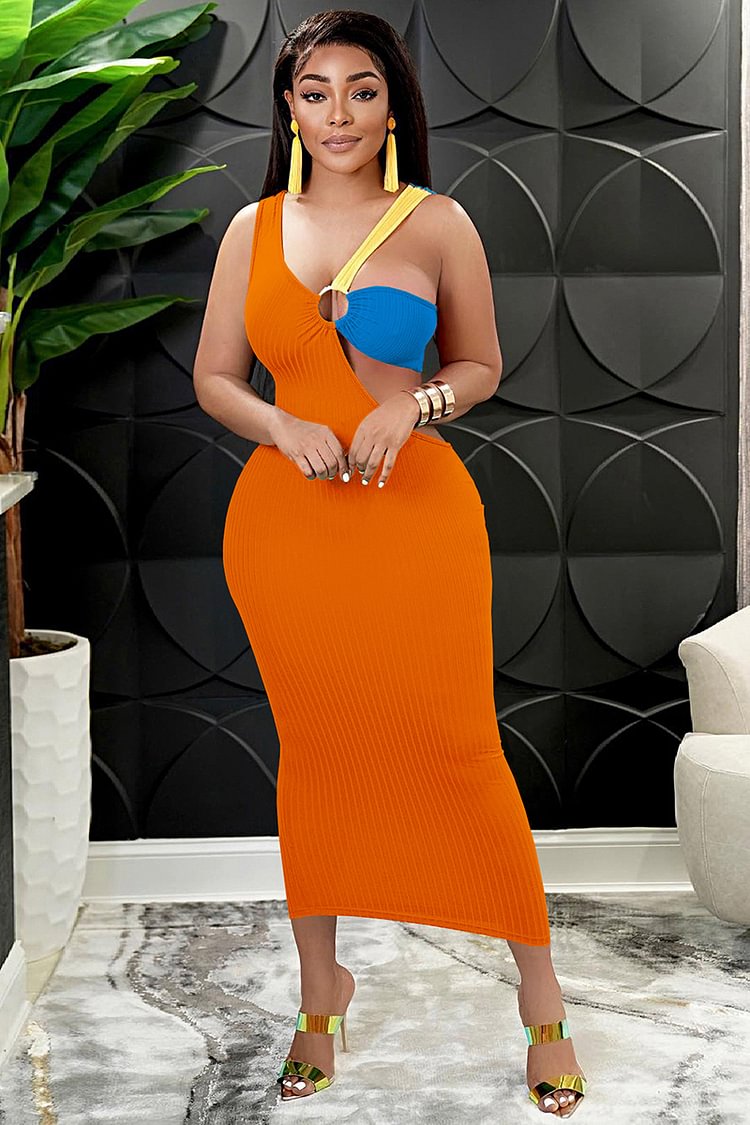 Colorblock Asymmetric Straps Cut Out Slim Midi Dress