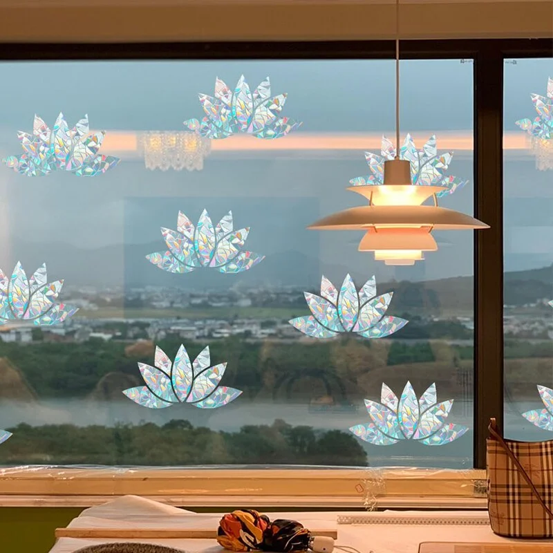 9pcs Electrostatic Glass Stickers Cat Hummingbird Trumpet Rainbow Prism PVC Glue-free Window Film Removable Glass Window Grilles