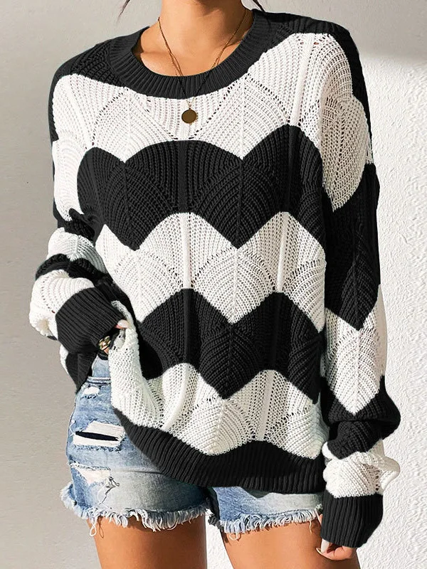 Athvotar Athvotar Yang Autumn New Fur Women's Loose Round Collar Hit The Striped Long-Sleeved Knitted Shirt Top