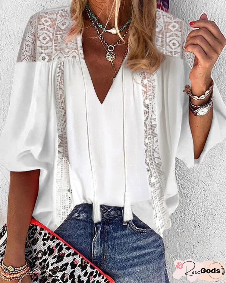 Loosen Vacation V Neck Mid Sleeve Blouse