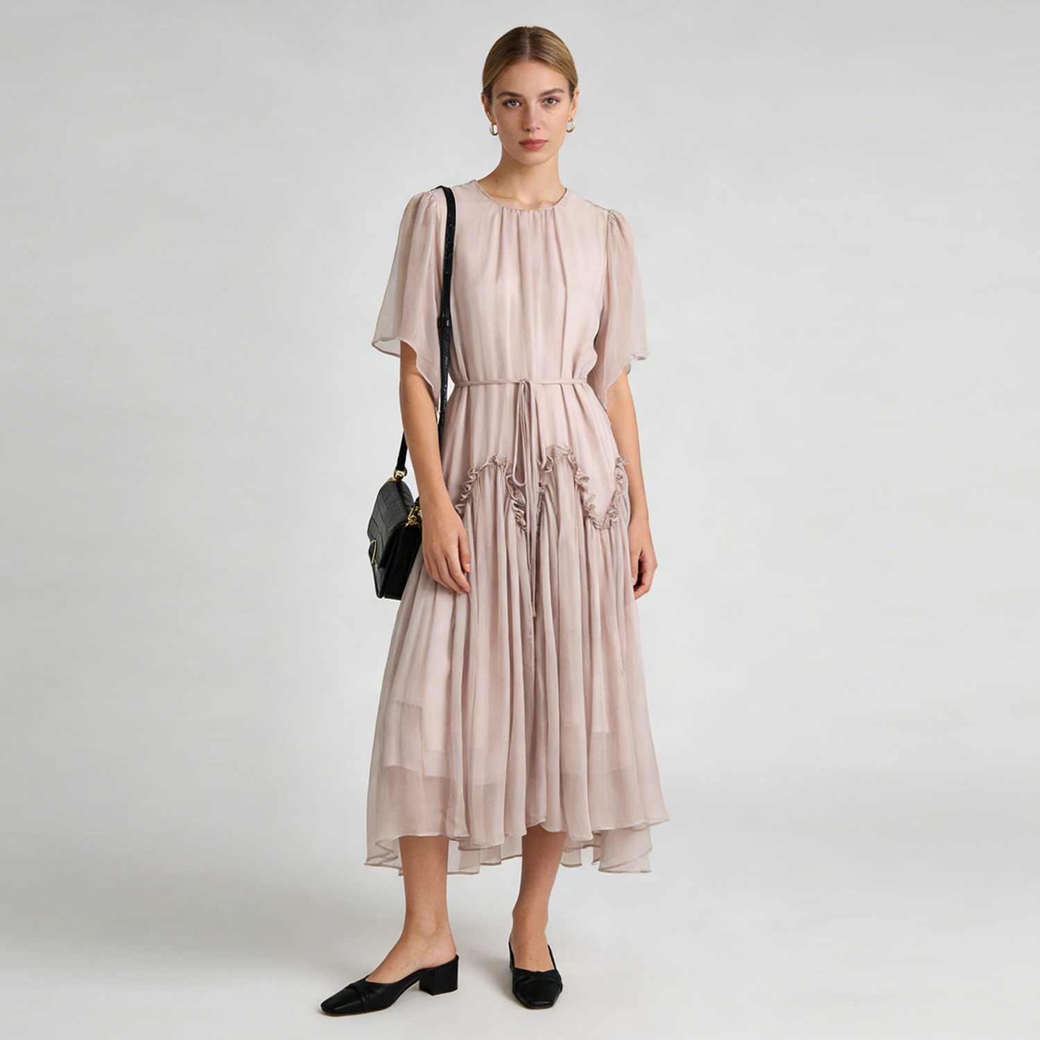 Light Nude-pink Silk Dress with Ruffled Details for Office REAL SILK LIFE