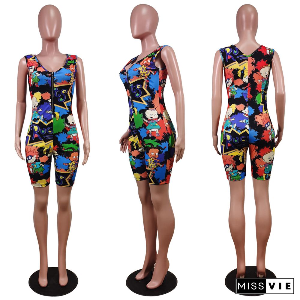 Sports Zipper Sleeveless Cartoon Print Rompers
