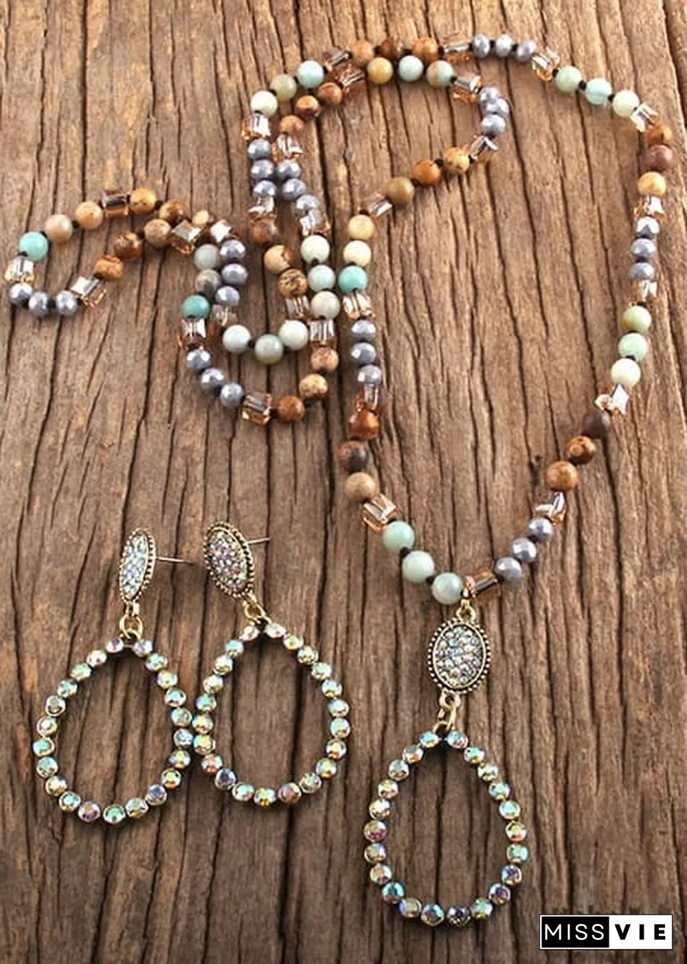 Boho Necklace, Jewelry Set, RH Amazonite Crystal Green Black Natural Stone