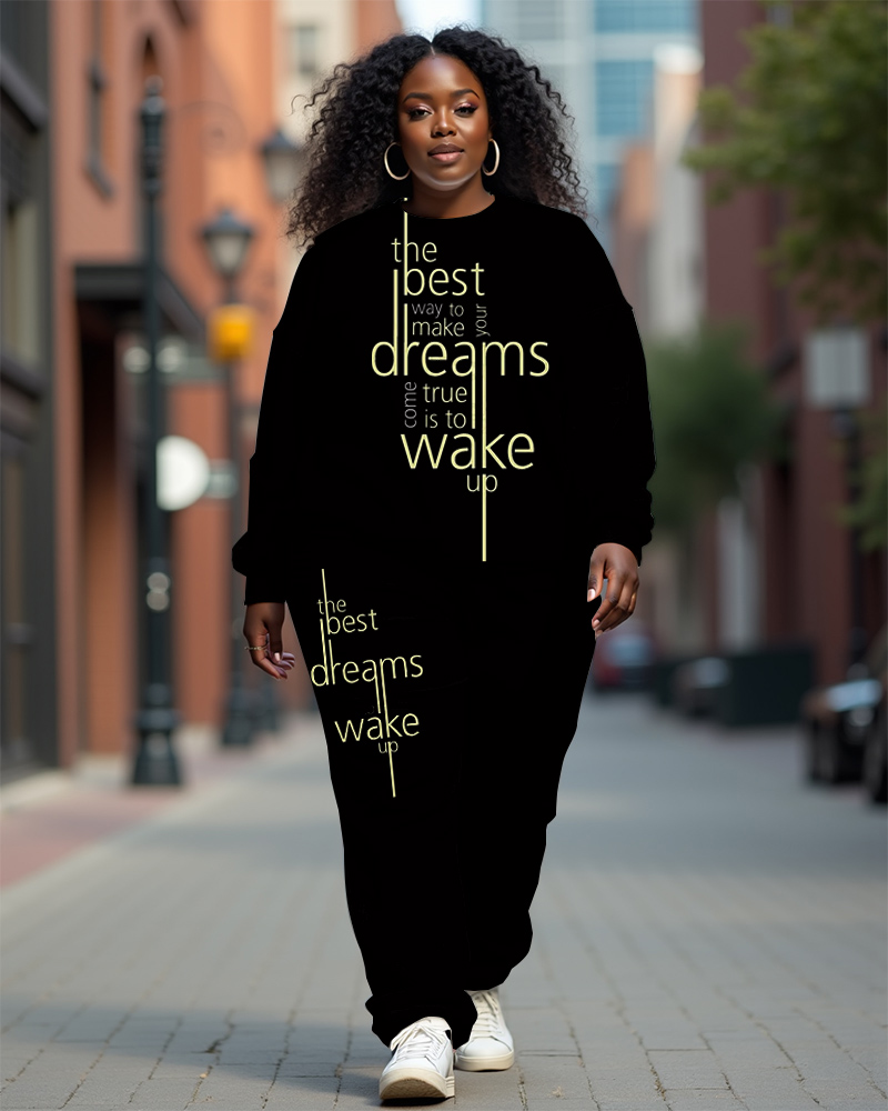 Women's Plus Size The Best Dreams Wake Up Long Sleeve Sweatshirt and  Casual Pants Set