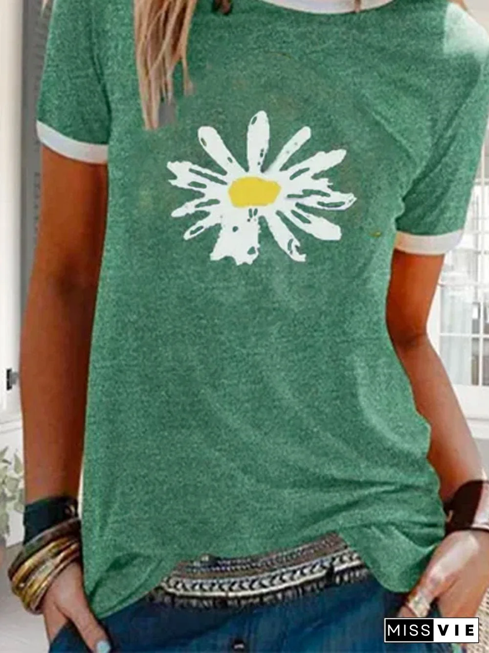 Green Short Sleeve Crew Neck Shirts & Tops