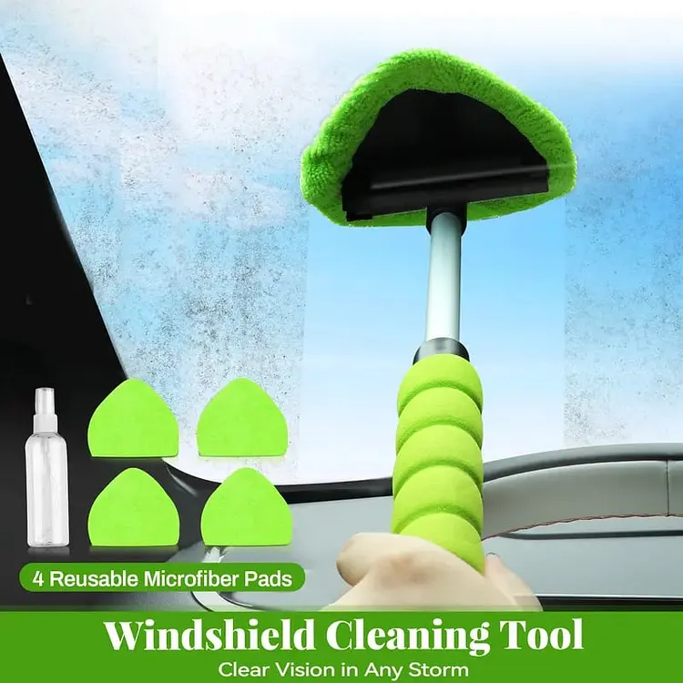 🔥Windshield Cleaning Tool, Microfiber Car Window Cleaner with 4 Reusable and Washable Microfiber Pads and Extendable Handle 