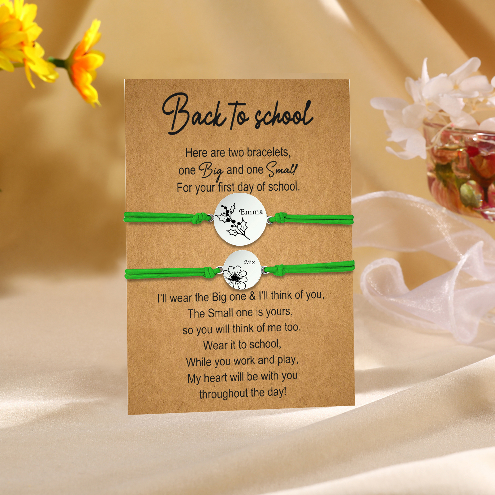 2 Pcs Bracelet Set Personalised Names & Birth Flowers Adjustable Bracelets with Message Card Back to School Gifts for Daughters-Jessemade AU