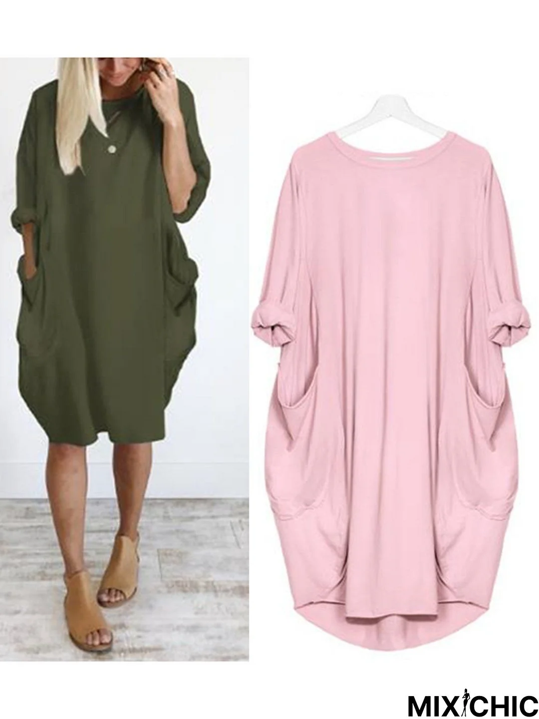 Batwing Sleeve Casual Solid Loose Crew Neck Midi Dress