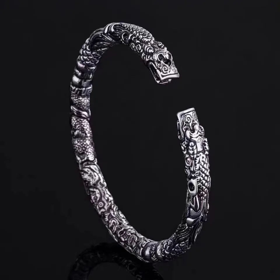 925 Silver Double Tap Retro Open Couple Bracelet