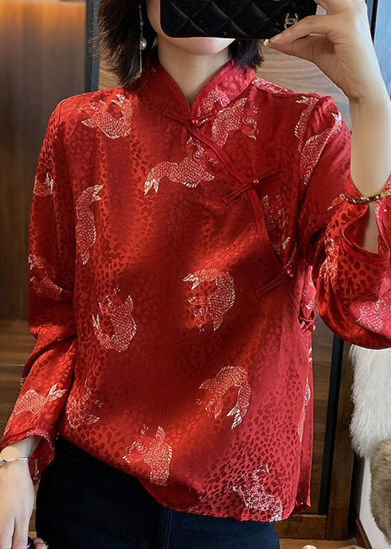 VCSHOES Red Stand Collar button print Chiffon Blouse Tops Spring