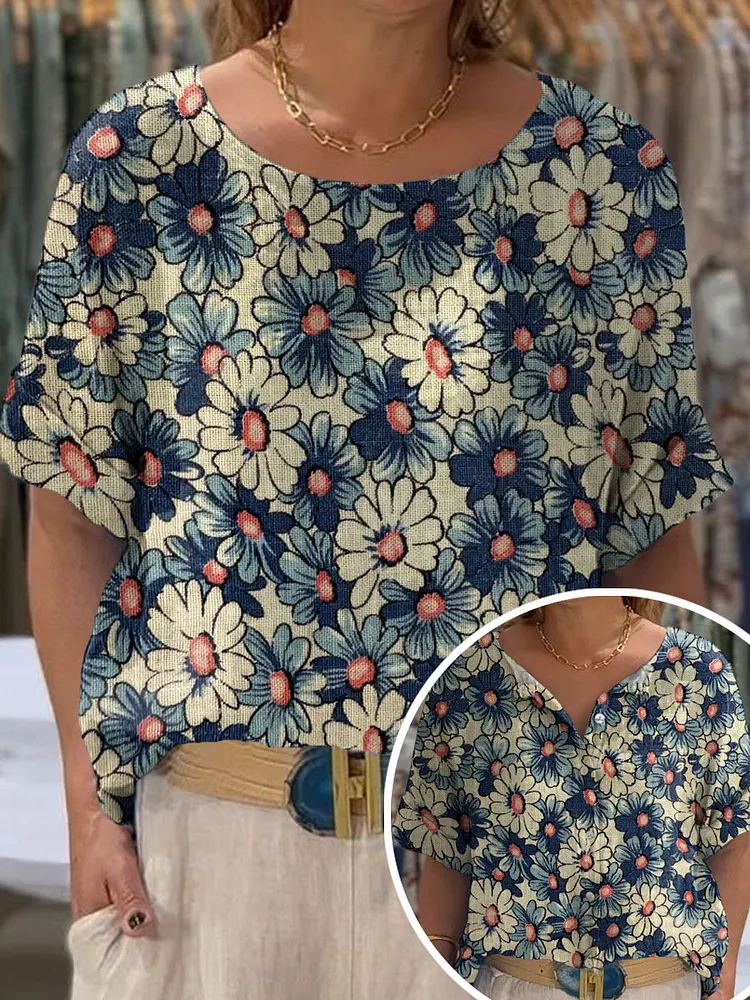 Women's Vintage Lovely Floral Art Print Front And Back Wear Short Sleeve Cotton Shirt