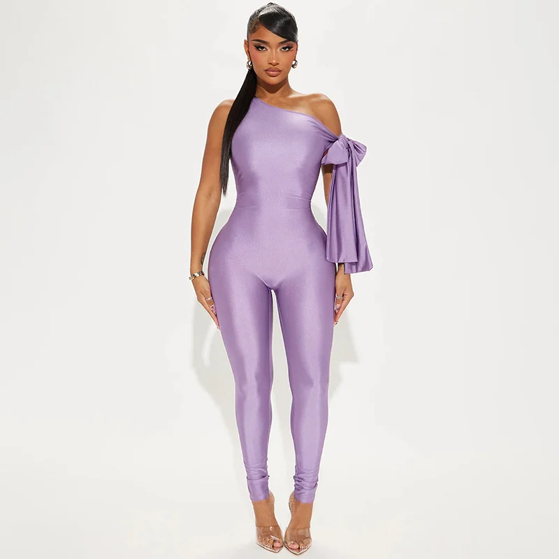 Uveng Uveng Women's Summer New One-Shoulder Sexy Kinestic Asymmetrical Tight Jumpsuit