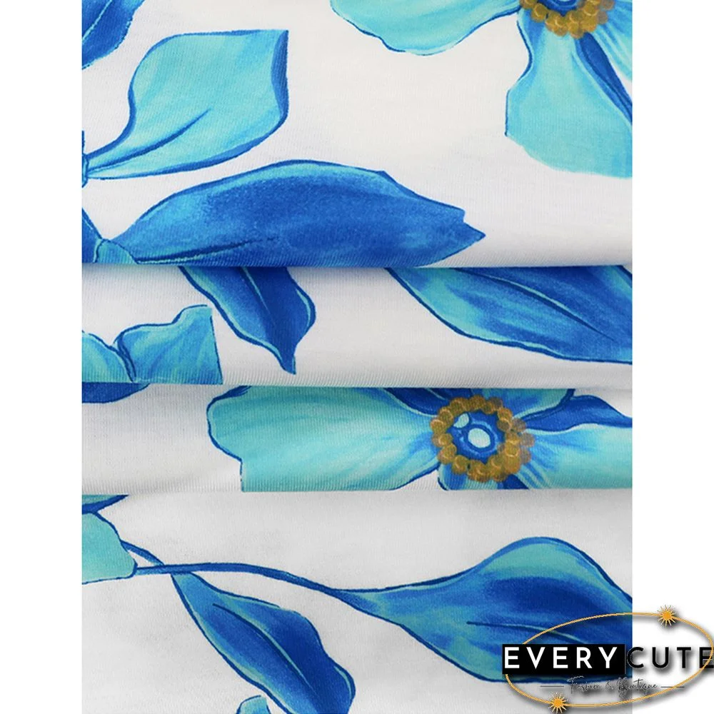 Light Blue Retro Bohemia Print V Neack Beach Dress