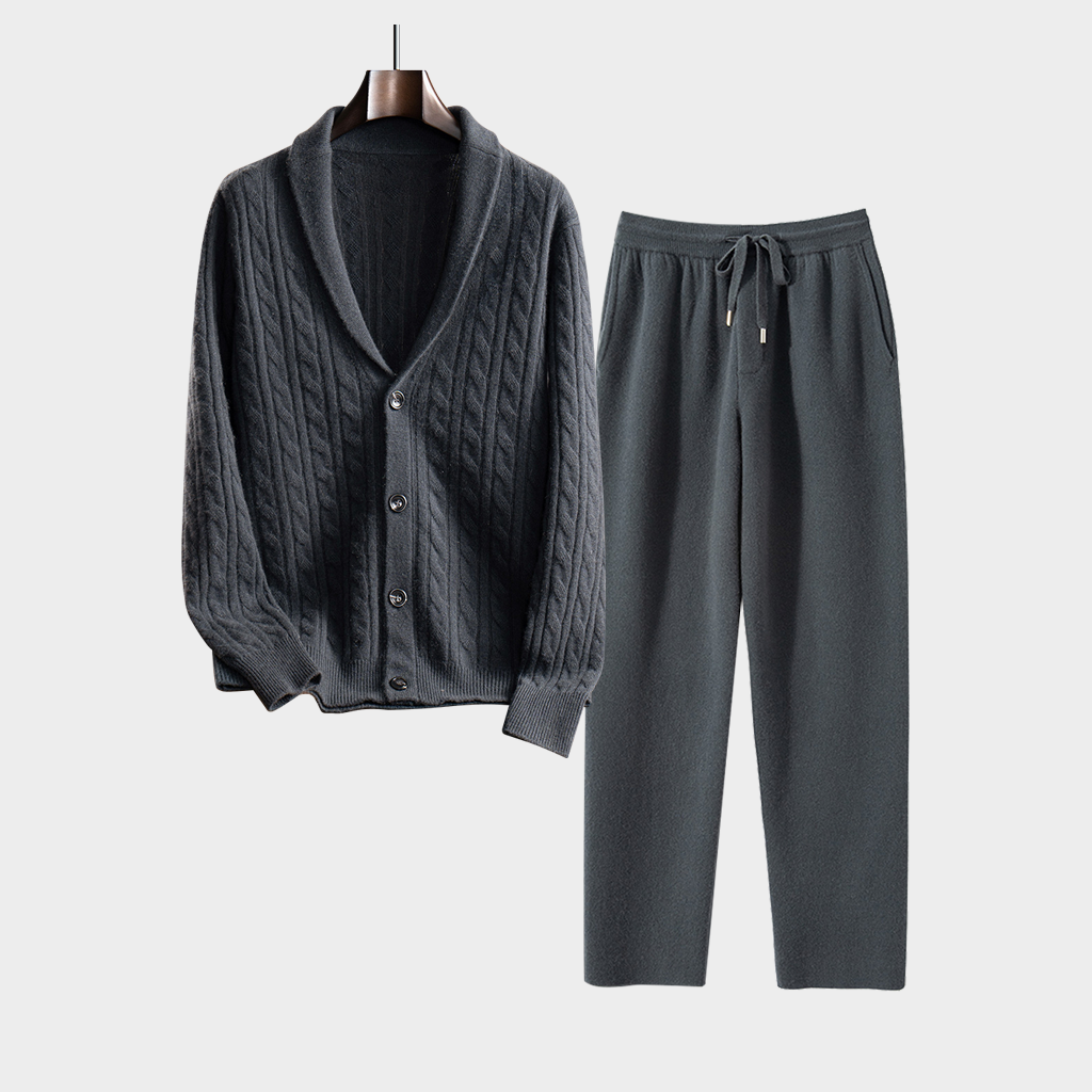 Men's Dark Grey Cable Knit Shawl Collar Cashmere Cardigan and Pants Set | Modern Minimalist REAL SILK LIFE