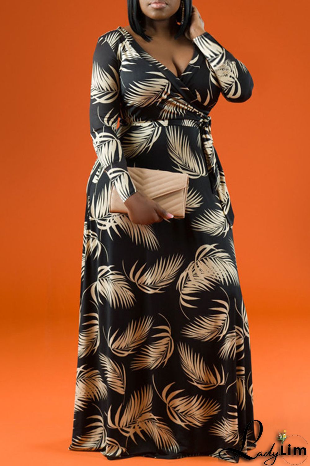 Tangerine Casual Print Patchwork V Neck Straight Plus Size Dresses