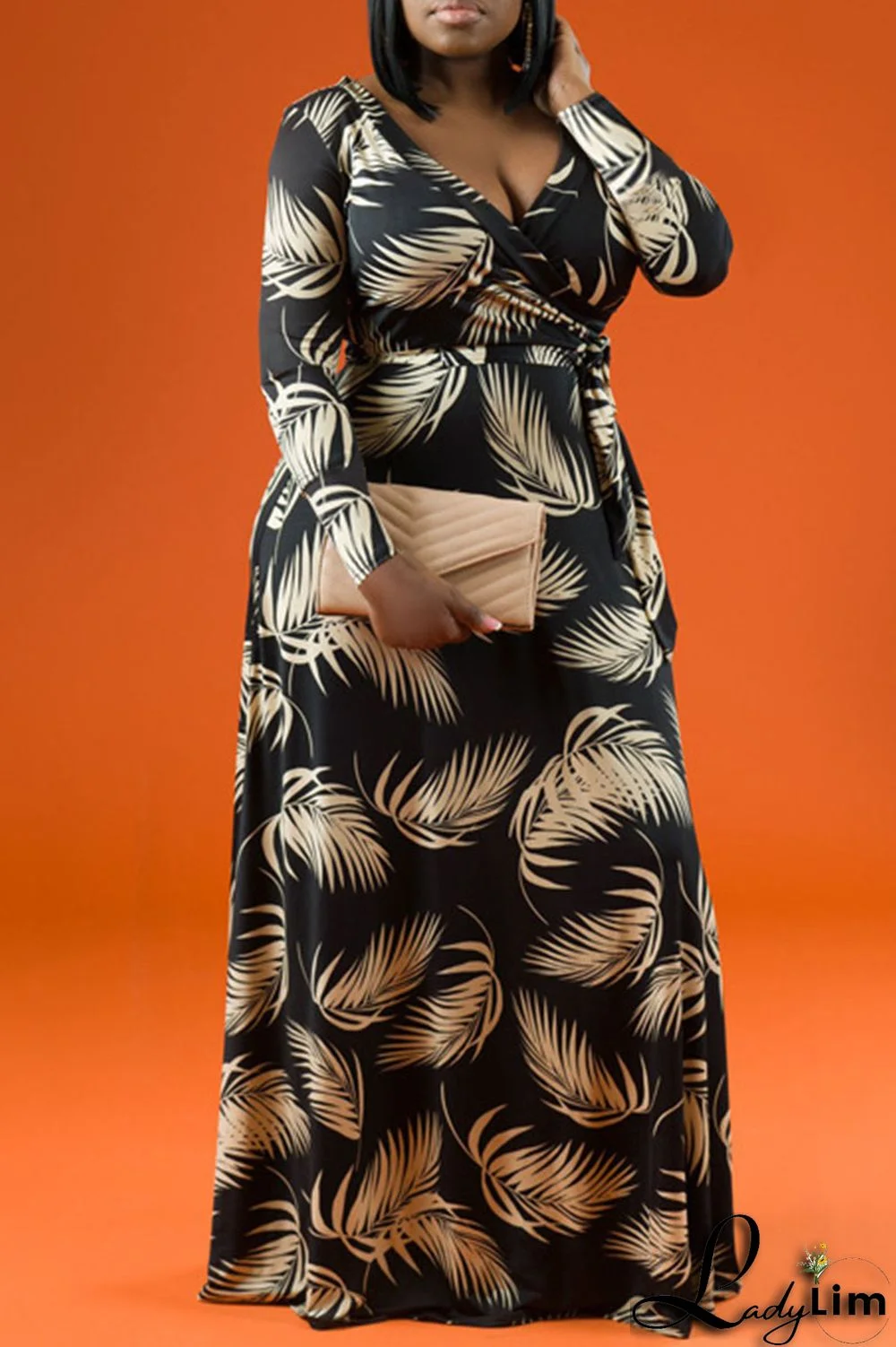 Tangerine Casual Print Patchwork V Neck Straight Plus Size Dresses