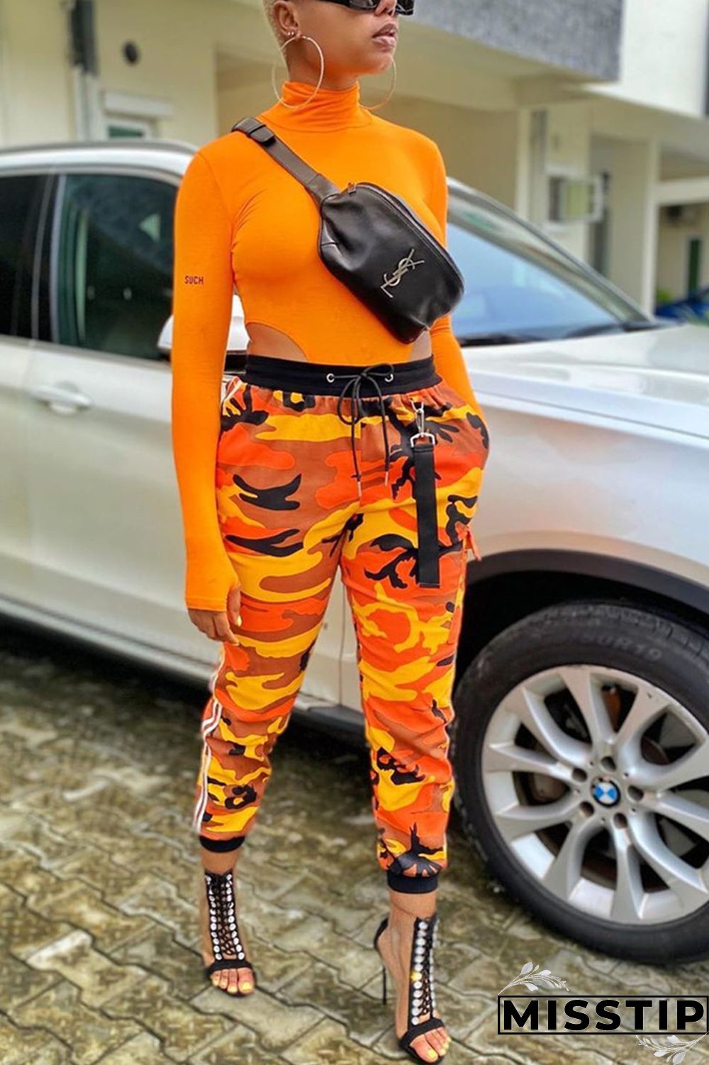 Grey Blue Green Yellow Drawstring Mid Patchwork Print bandage camouflage Loose Capris Bottoms