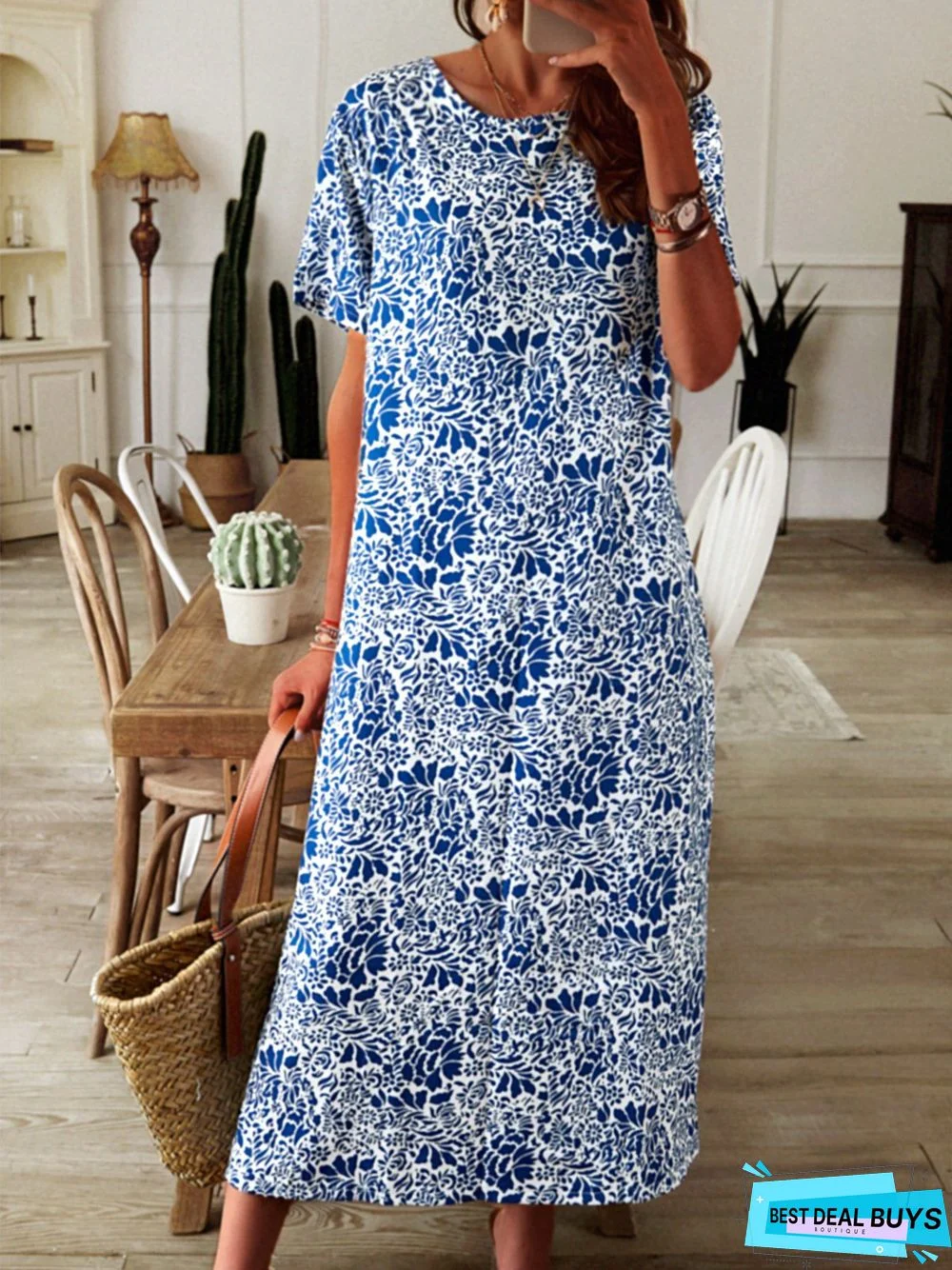 Plus size Printed Short Sleeve Weaving Dress
