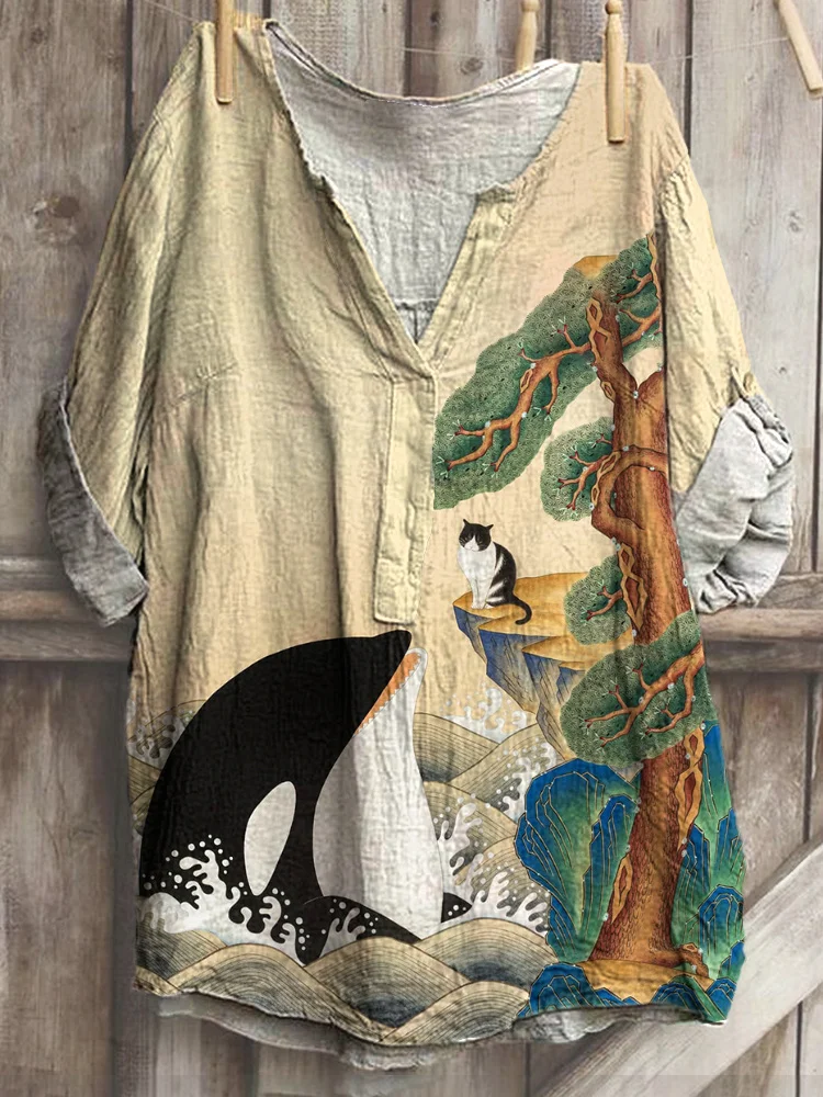 Japanese Art Sunrise Whale and Cat Print Cotton Blend Shirt
