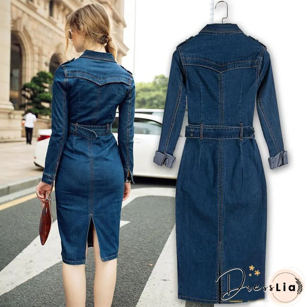 Women Denim Dress Winter Office Slim Big Size Jeans Mid-Cuff Dress Cowboy Dress With Belt For Women Jeans Dress Plus Size
