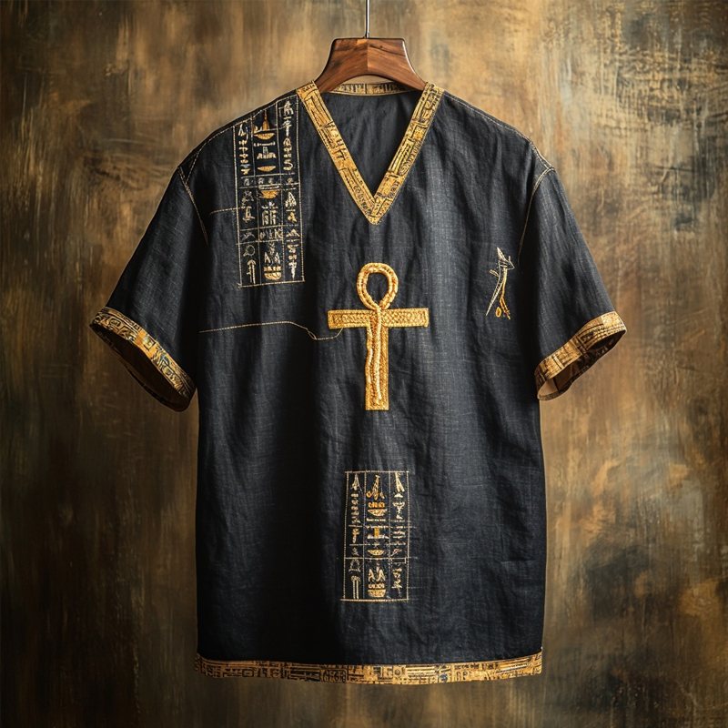Vintage Ankh Embroidered Ancient Egyptian Linen Shirt