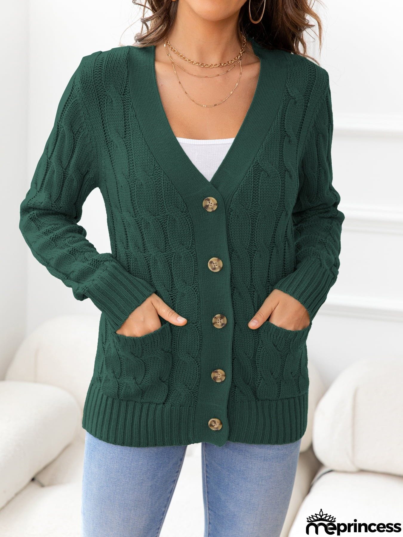 Button Down Cable-Knit Cardigan