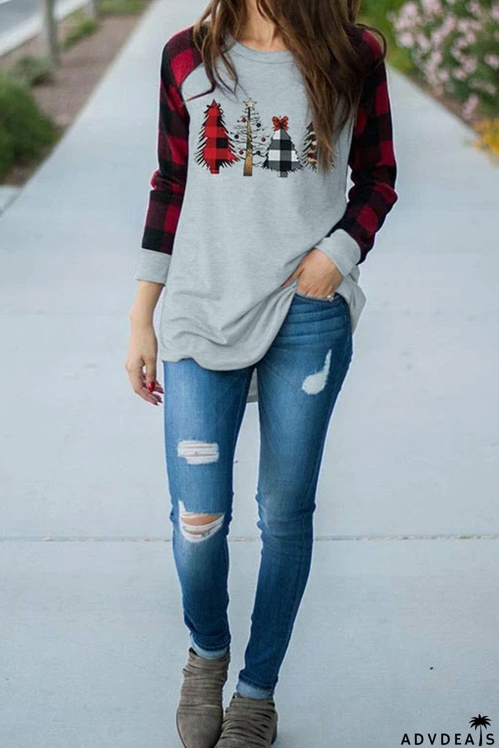 Christmas Pattern Plaid Splice Long Sleeve Top