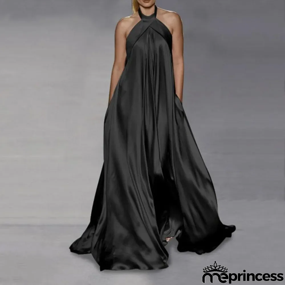 Temperament Swing Sleeveless Hanging Collar Hollow Out Loose Fashion Solid Maxi Dress