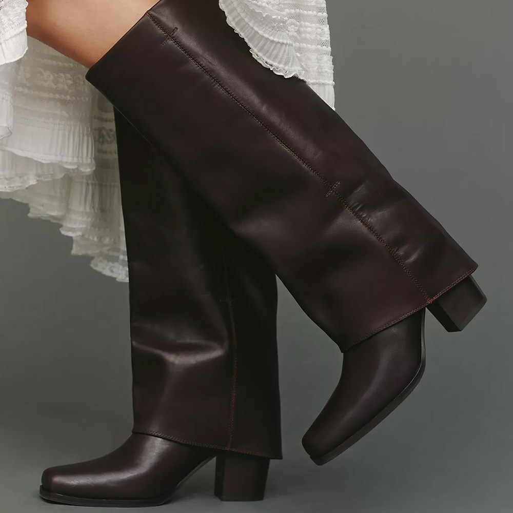 Deep Maroon Square Toe Fold Over Knee High Boots with Block Heels Nicepairs