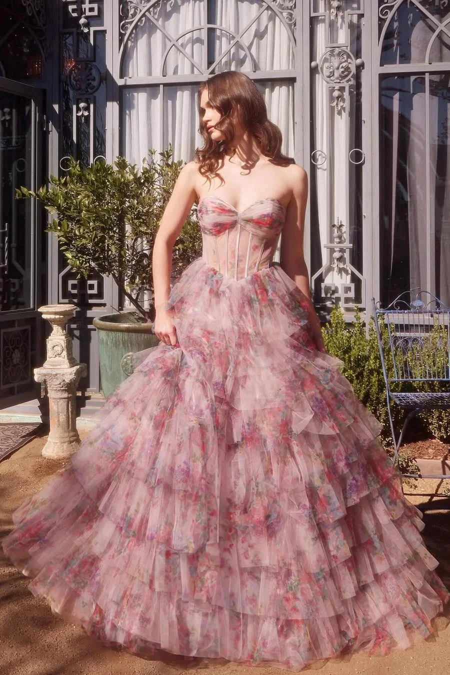Miabel Beautiful Candy Pink Print Strapless Sweetheart Sleeveless Tutu Prom Dress with Ruffles 