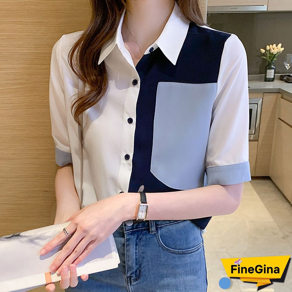Vintage Pocket Colorblock Blouse Workwear