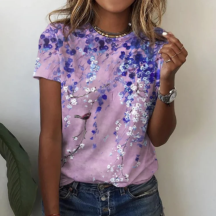 Women's Spring Summer Floral Print Crew Neck Short Sleeve T-Shirts