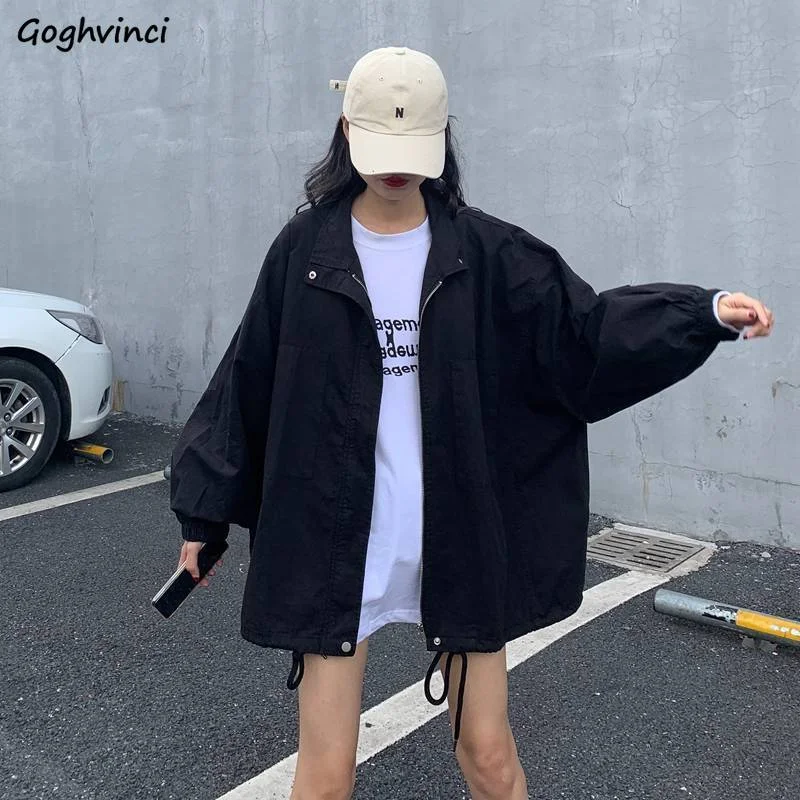 Women Basic Jackets Solid Drawstrings Oversize Thin Harajuku Ulzzang Plus Size 2XL Leisure Streetwear Chic Jacket Zipper Outwear