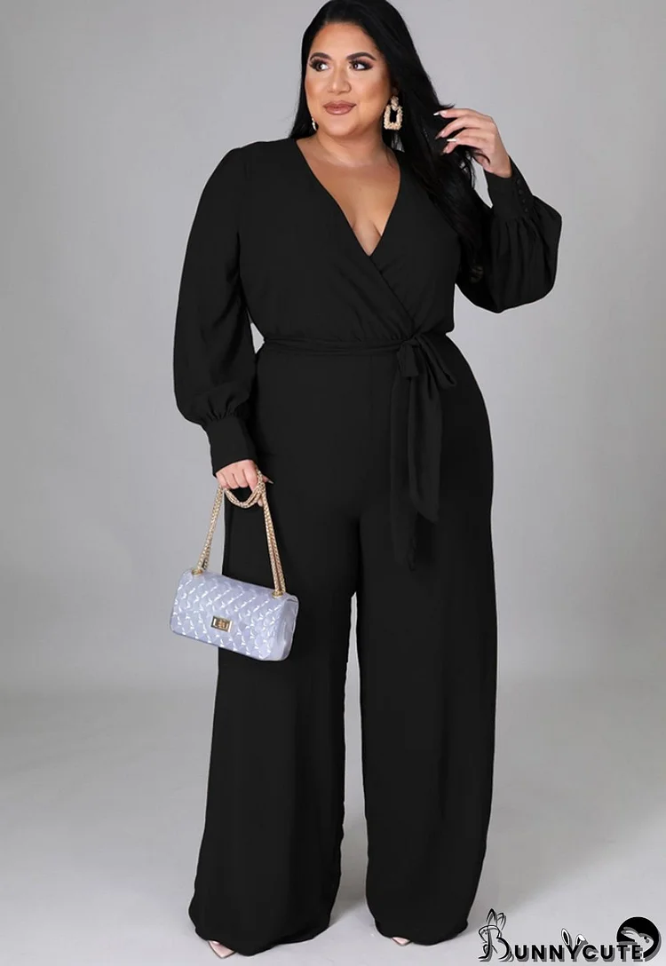 Autumn Plus Size Elegant Wrap Jumpsuit Black