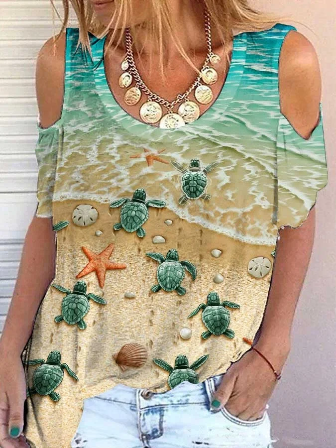 🔥Buy 3 Get 10% Off🔥Turtle Print Off-The-Shoulder Short-Sleeve T-Shirt