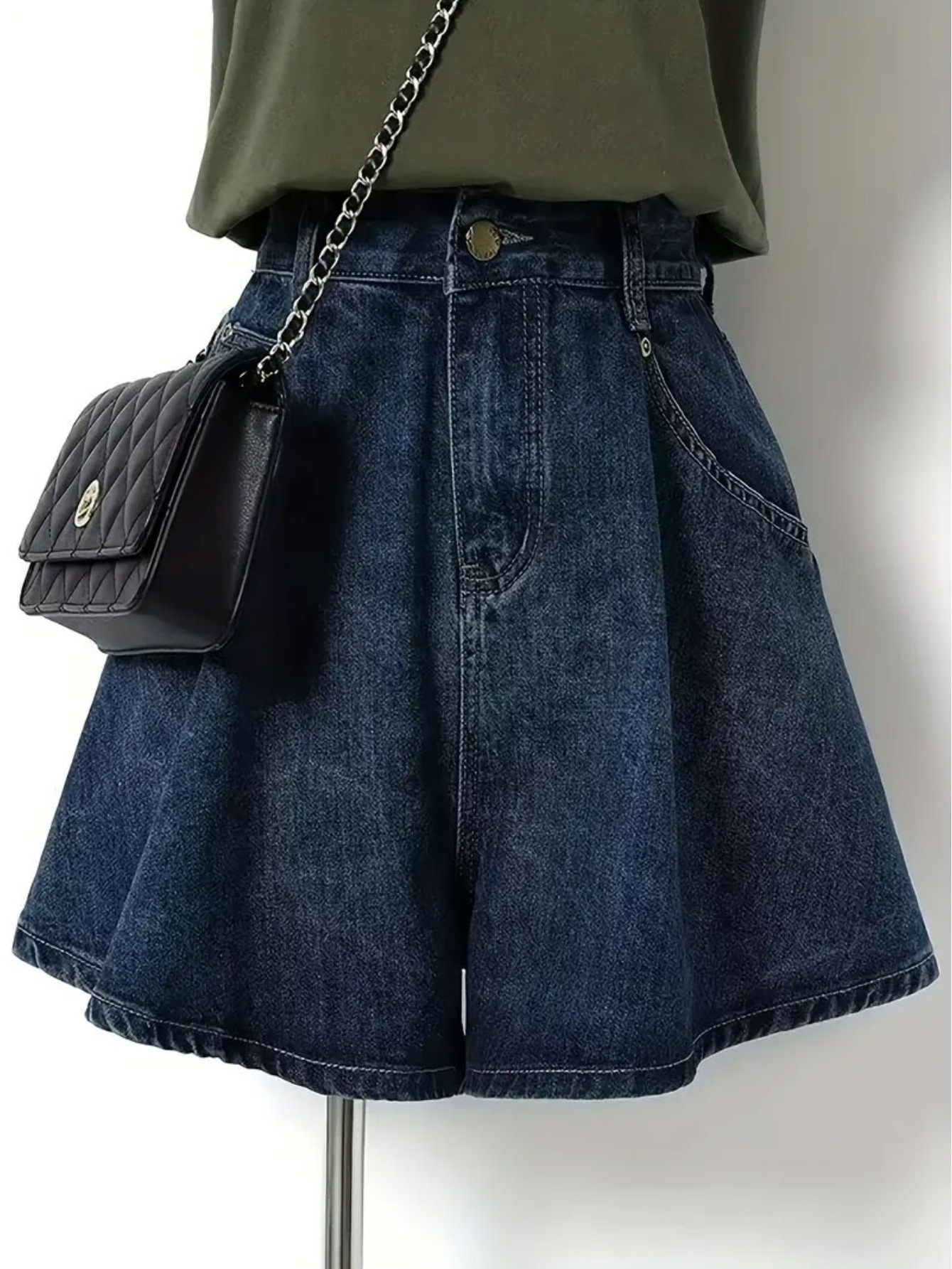 Women's High-Waisted Light-Washable Denim-like Shorts - Dark Blue Distressed Texture, Loose-Fit Button Closure & Pocket Detailing - Casual Streetwear Summer Skirt Pants with Belt Loop Compatibility - Machine Washable Everyday Shorts for Women
