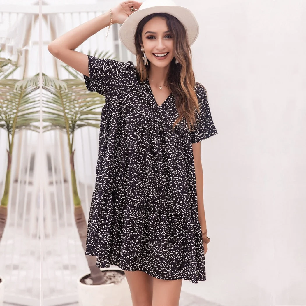 New Ladies Dot Print Summer Dress Women Loose Sexy Ruffles Short V Neck Casual Elegant Sundress Women Mini Dress Female Vestidos