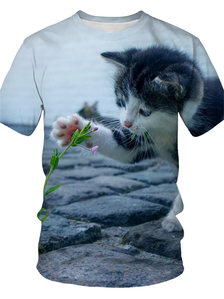 Summer T-shirt Cat 3D Print Men's Sports Short Sleeve Green Gray Blue-Cosfine