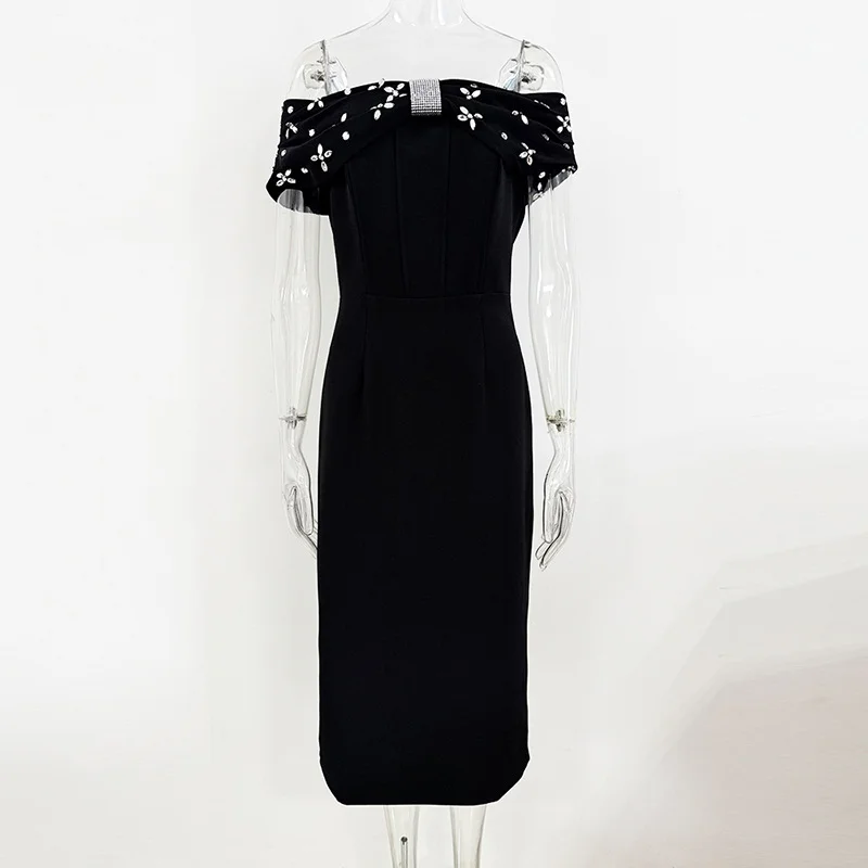 Nigikala Nigikala Star Fashion New Word Shoulder Nail Beads Diamond Long Dress Small Dress