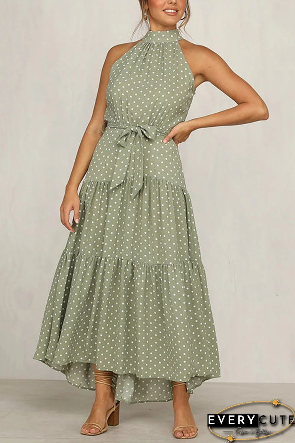 Print Belted Sleevelss Maxi Dress