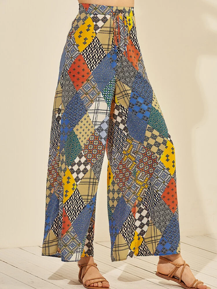 Colorful Plaid Print Drawstring Loose Long Casual Pants for Women