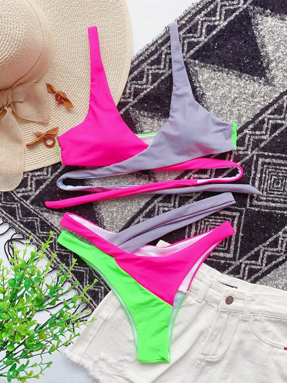 2021 Summer Colorful Splicing Bikini Female Swimsuit Women Swimwear Hollow Out Bikini set Asymmetric  Bather Bathing Suit Swim