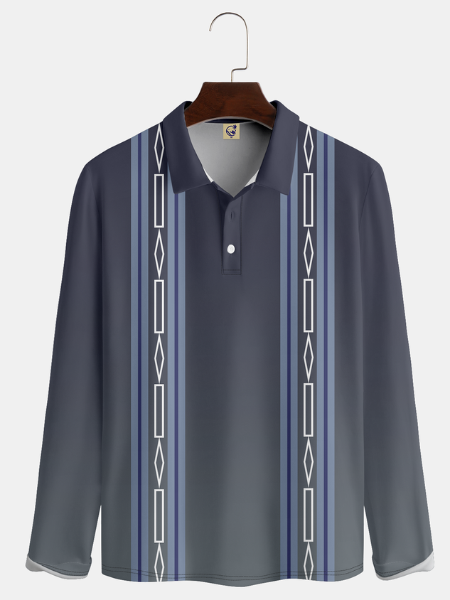 Casual Art Collection Gradient Geometric Stripes Color Block Pattern Lapel Button Long Sleeve Print Polo Shirt