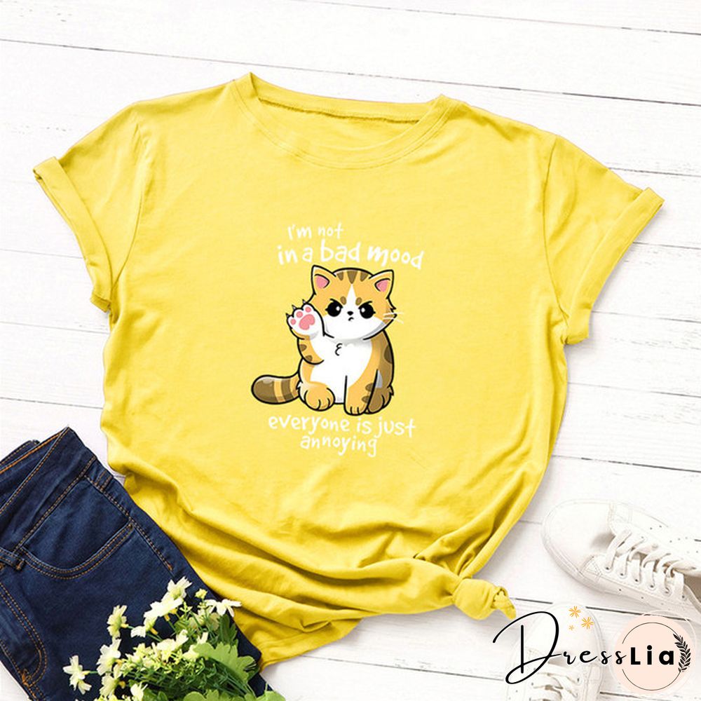 100% Cotton Summer Women TShirt Lovely Cat Letter Print Graphic T Shirt O Neck Short Sleeve Female Tee Shirts Casual Tops