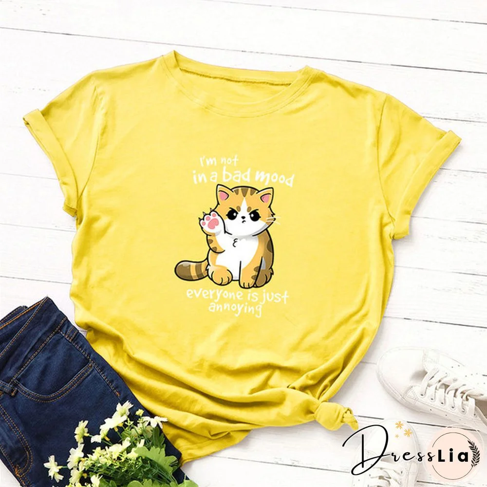 100% Cotton Summer Women TShirt Lovely Cat Letter Print Graphic T Shirt O Neck Short Sleeve Female Tee Shirts Casual Tops
